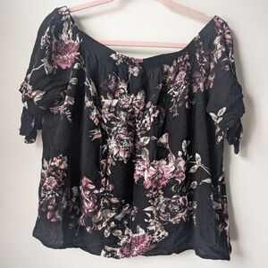 Gypsies & Moondust Black Floral Off-Shoulder Top with Pink Blossoms